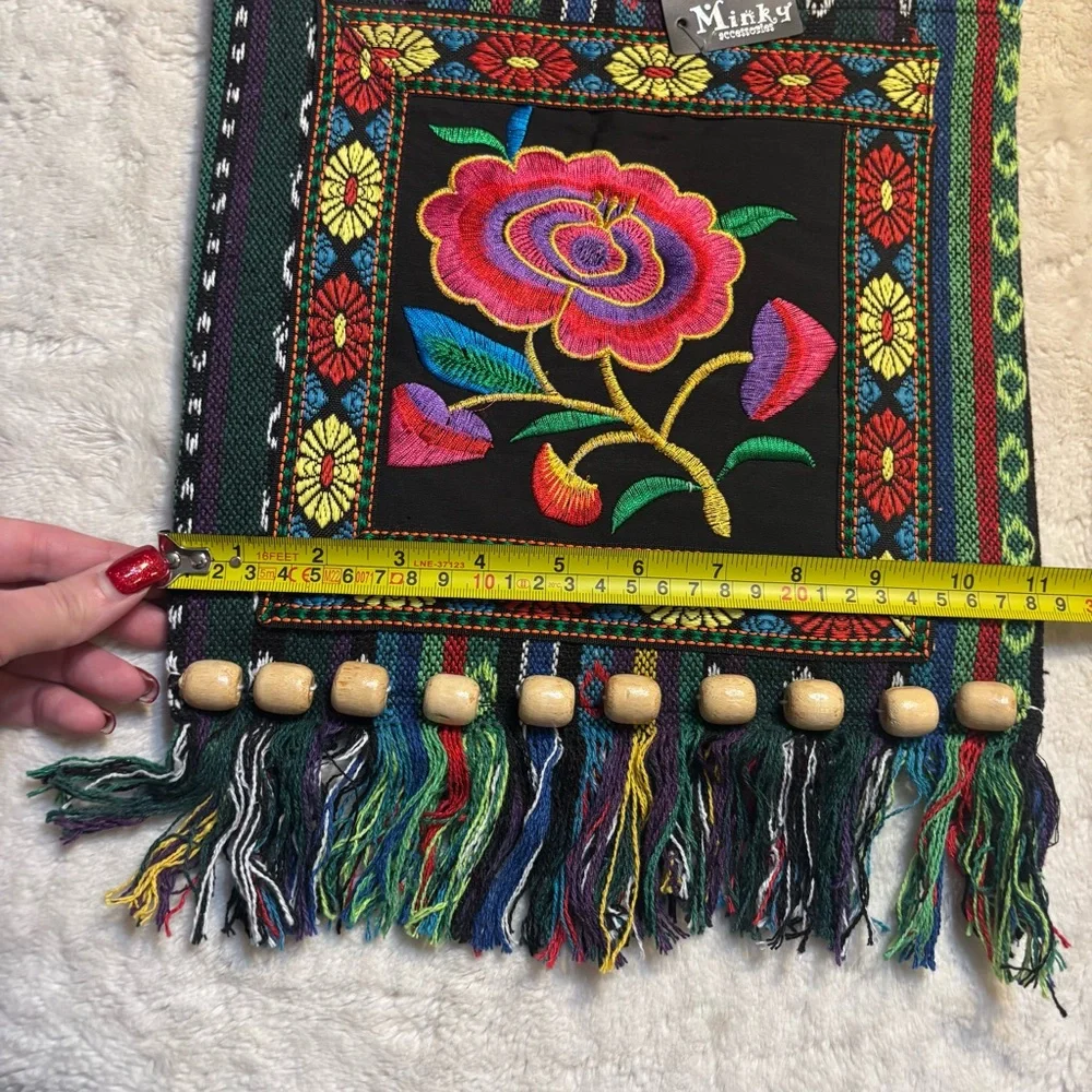 NEW Crossbody Bag Black Fabric Floral Embroidered Boho Wood Beads Fringe NWT - Picture 14 of 16